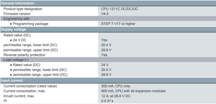 مشخصات عمومی پردازنده 1211C DC/DC/DC پی ال سی 1200 زیمنس، کد فنی 6ES7211-1AE40-0XB0