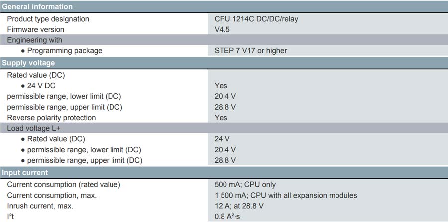 مشخصات عمومی پردازنده 1214C DC/DC/relay پی ال سی 1200 زیمنس