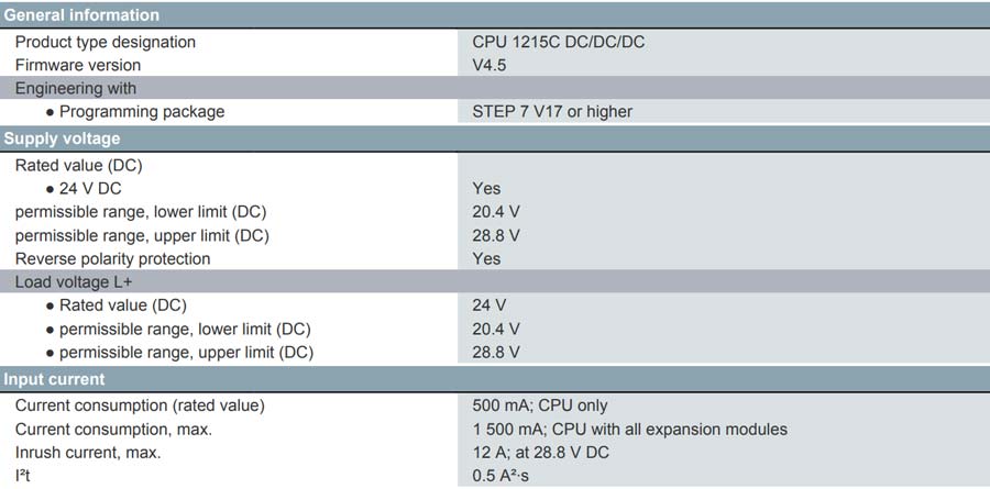 مشخصات عمومی پردازنده 1215C DC/DC/DC پی ال سی 1200